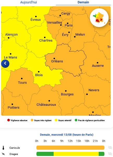 VIGILANCE METEO LOIRET 45 par Mto France Mercredi 13 08