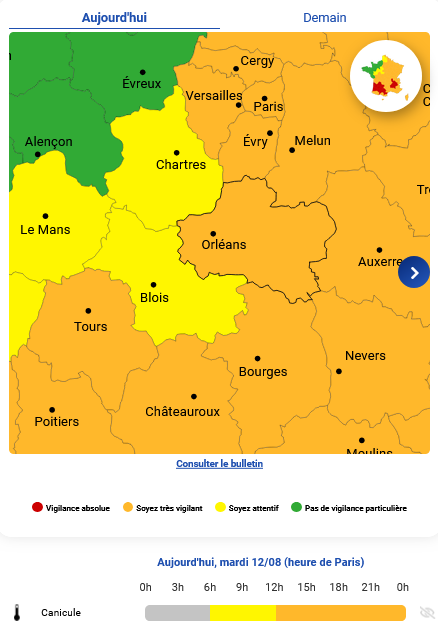 VIGILANCE METEO LOIRET 45 par Mto France mardi 12 08